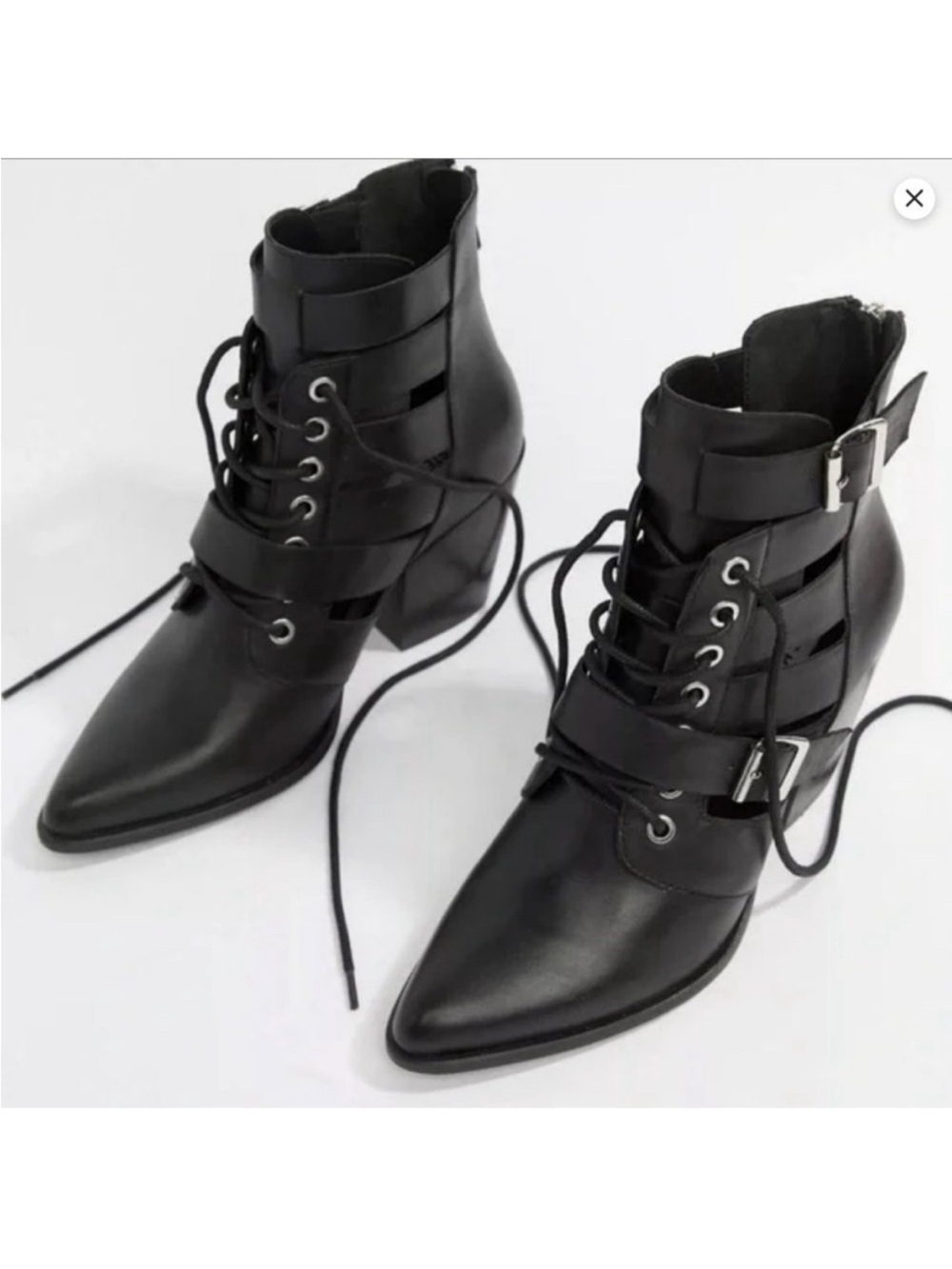 Steve Madden Black Lace-Up Pointed Toe Ankle Boots with Buckle Straps